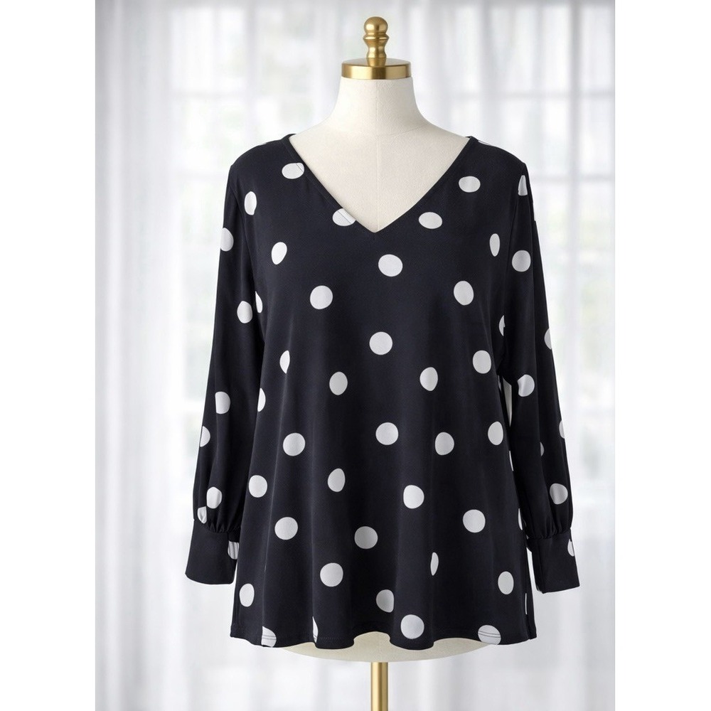 Adrianna Papell Popover Office Top Black White Polka Dot V Neck Blouse Size XL